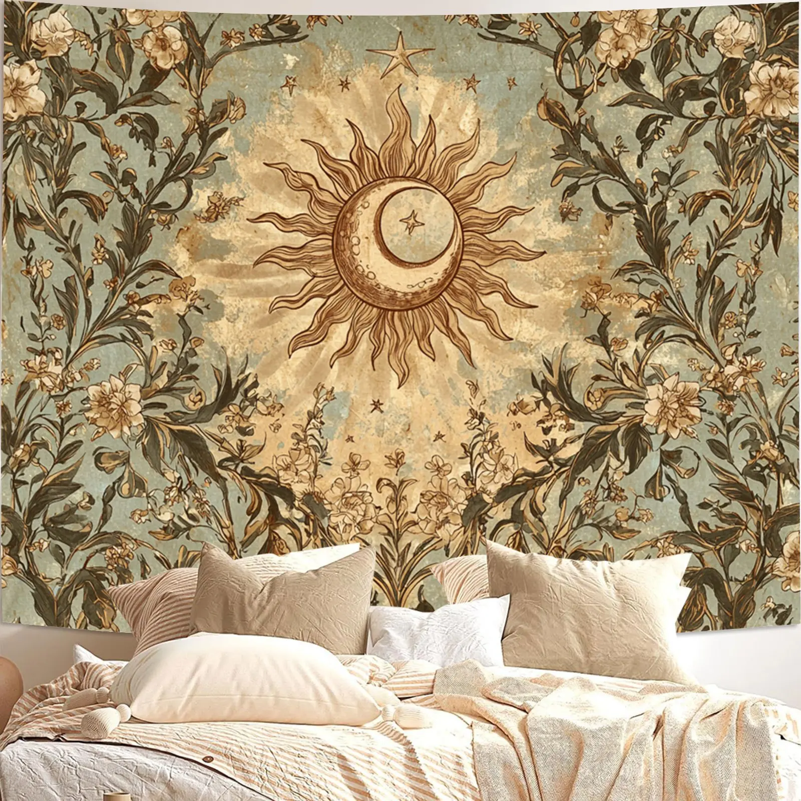 Vintage Sun Moon Tapestry Wall Hanging - Lightweight Smooth Cloth with Boho Floral Mystical Music Print, Whimsical Home Decor for Living Room, Room Decorations