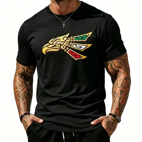 Golden Tribal Eagle Mexico Green White Red Flag Print Casual Mens Tshirt Mexican Culture Tribal Golden Eagle Graphic Short Sleeve Shirt, Patriotic Green White Red Feather Accent Country Pride T-Shirt For All Genders