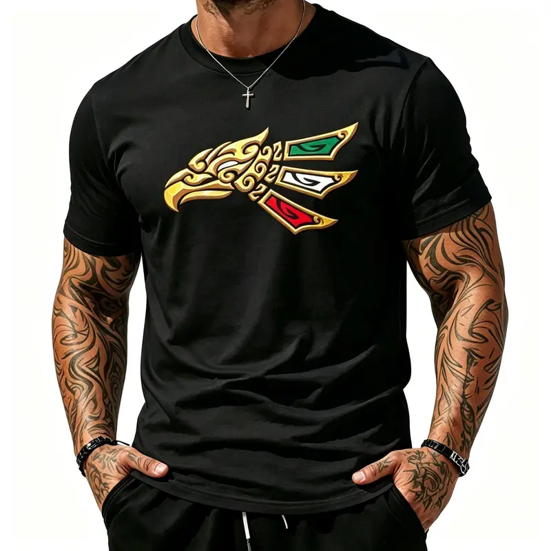 Golden Tribal Eagle Mexico Green White Red Flag Print Casual Mens Tshirt Mexican Culture Tribal Golden Eagle Graphic Short Sleeve Shirt, Patriotic Green White Red Feather Accent Country Pride T-Shirt For All Genders