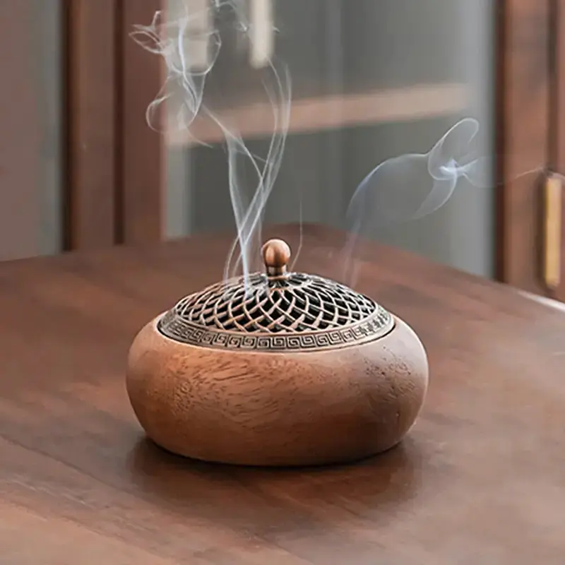 Rustic Charm Walnut Wood Incense Burner - Aromatherapy Oils Scented, High-End Tea Table Ornament with Sandalwood Scent, Aroma Household Items Home Fragrances, Home Decor, Round Shape, for ZenDecor, Meditation Tools, Yoga Tools