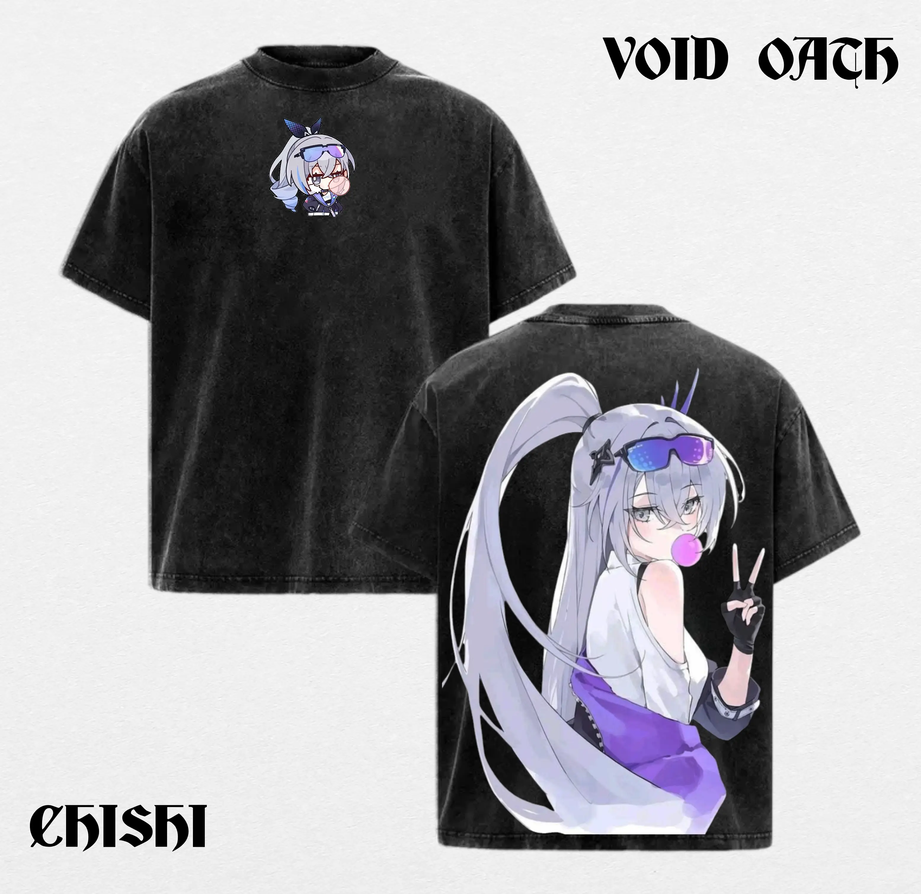 Men's Cotton Oversize Ribbed Seamless Honkai Star Rail Silver Wolf Cyber Waifu Bubble Gum Artistic Print T-Shirt - Hacker Girl Street Aesthetic Unframed Decor Poster Top
