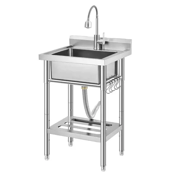 Garvee 20''/21''/39''D Freestanding Stainless Steel Utility basin Workstation - Single Bowl Deep Basin - Pull-Out Faucet w/ Hot & Cold Pipes - Workbench w/ Drawer & Shelf - for Laundry/Garage,Available in three Options