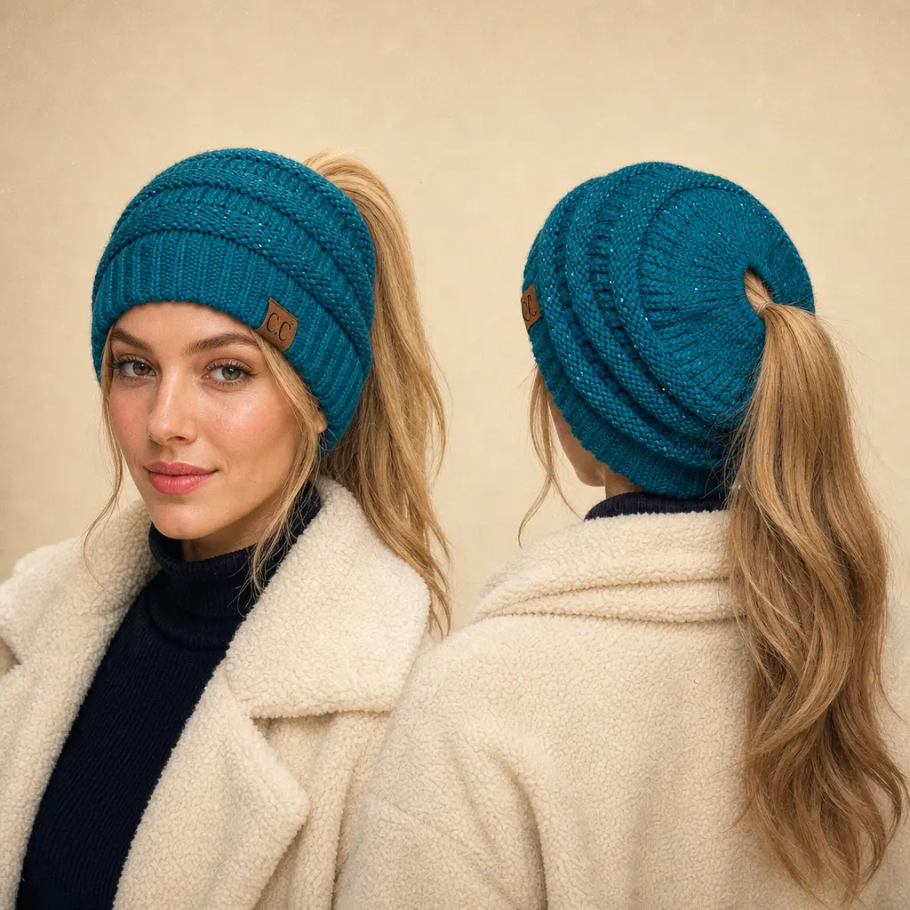 C.C Women's Sequin Ponytail Beanie – Chic & Cozy Cable Knit Hat for Women, with Adjustable High Ponytail Opening, Perfect for Fall & Winter, Thanksgiving & Christmas