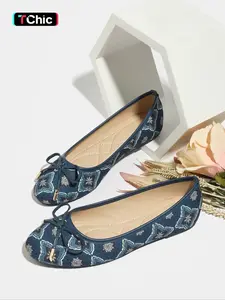 Women's Retro Round Toe Flat Shoes, Fall Ethnic Style Slip-On Ballet Flats, Soft Sole Comfortable Casual Footwear