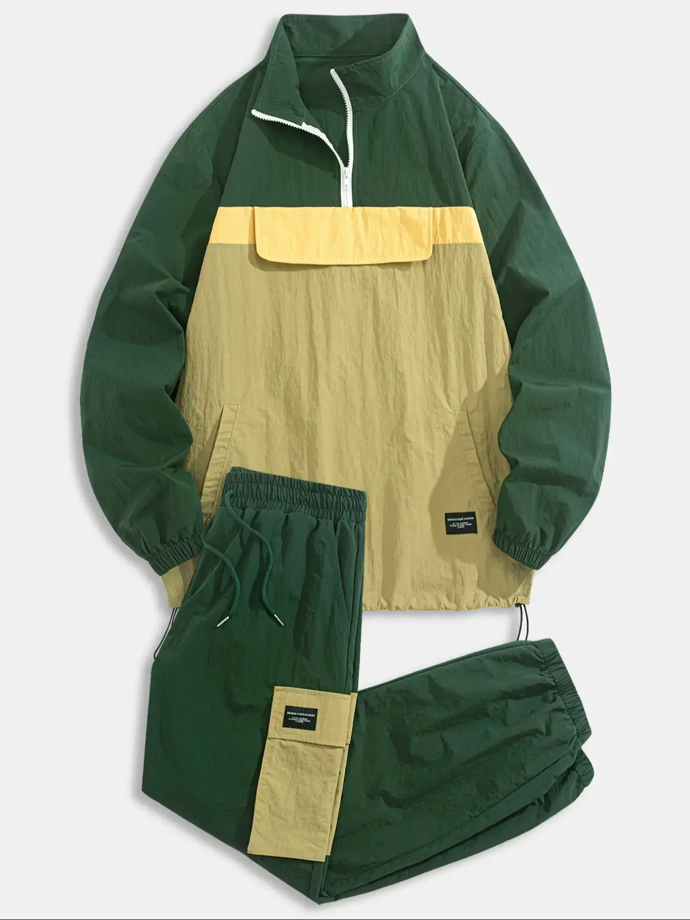 2026 Men's Half-Zip Hooded Jacket Drawstring Pants Colorblock Windbreaker Set Casual Sportswear Activewear Tracksuit Outfits
