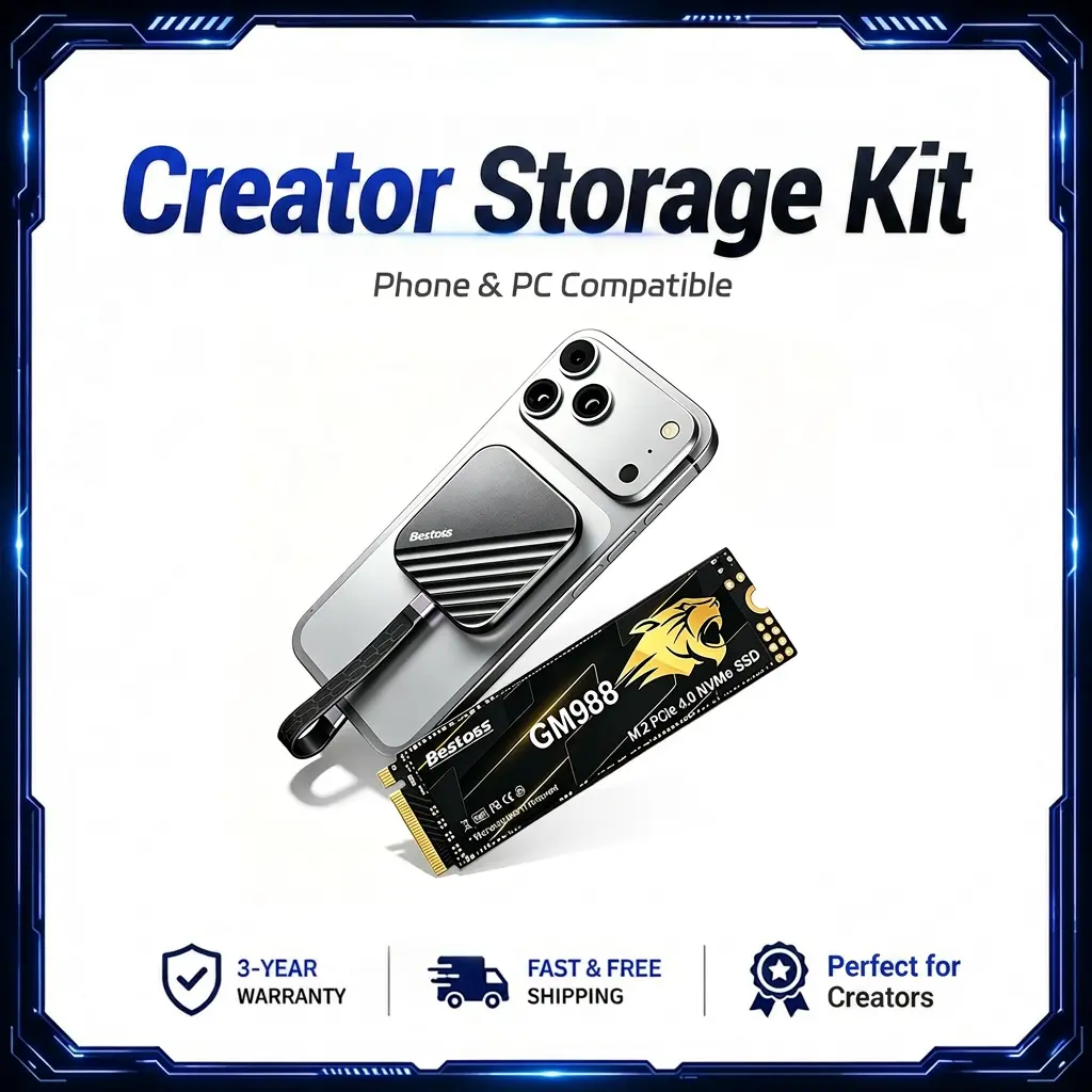 Mobile-to-PC Creator Kit | Fast Gen4 SSD + Magnetic Portable Storage for iPhone 15/16/17 Series, Tablets, PC,512GB,1TB,2TB