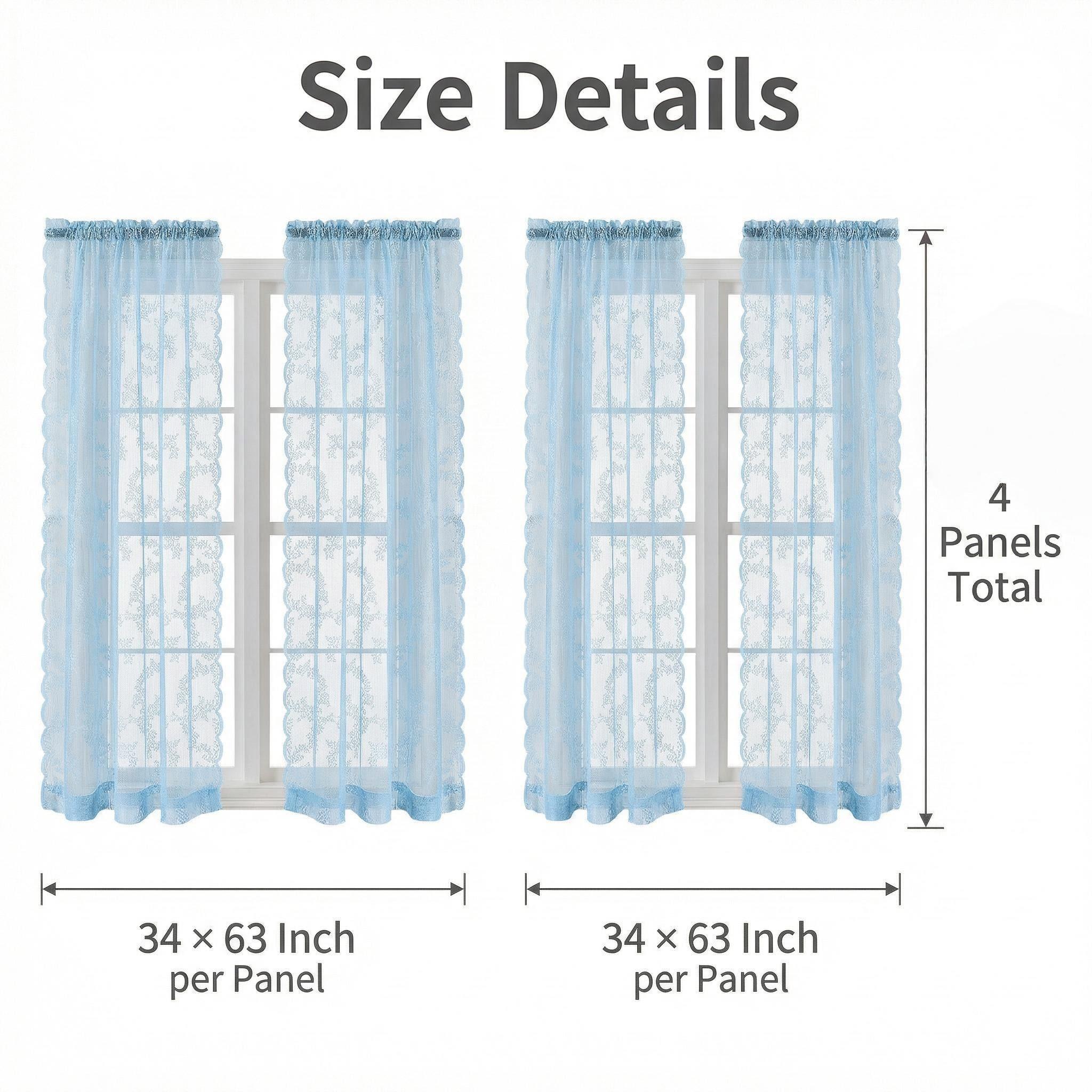 Window Wear 4 Panels, 34X63 Inches, woven lace fabric, kitchen curtain decoration, elegant and luxurious, pole-style, easy to install, can beautifully decorate your home, L46, L822