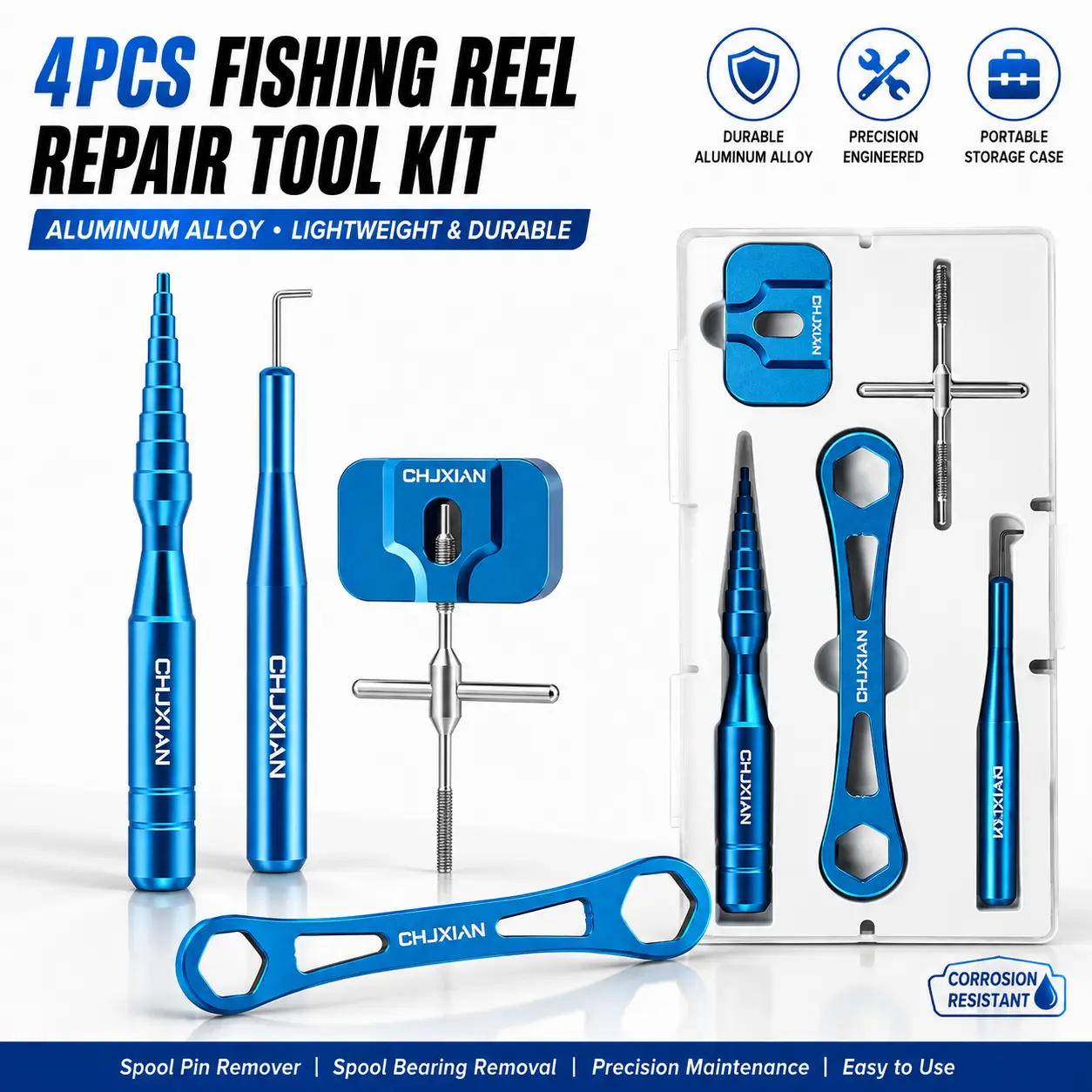 Fishing Reel Maintenance Kit, 4PCS Spool Pin Remover Tool Set for Baitcasting & Spinning Reel, Aluminum Bearing Removal Tool for Reel Repair