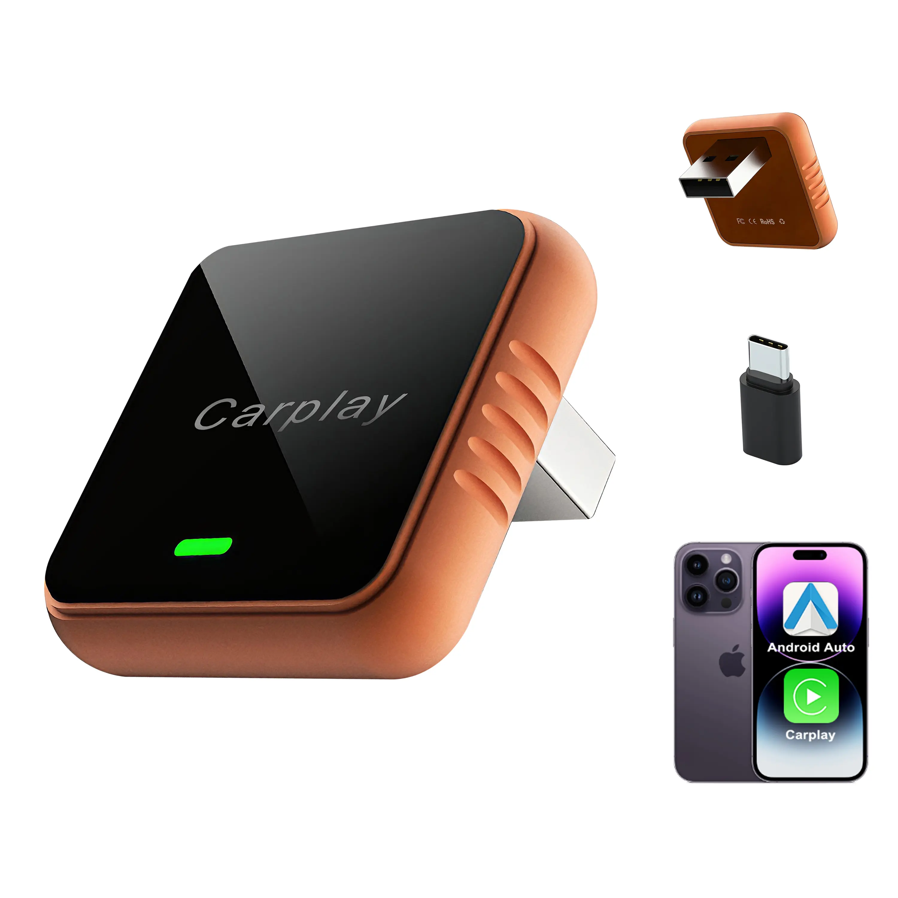 Orange 2-in-1 Wireless Carplay Adapter for iPhone & Android, Electronic Charger, Fast Connect, Plug-and-Play, Hands-Free Calling, Auto-Reconnection, USB Interface, Lightweight and Portable, for Personal & Commercial Use