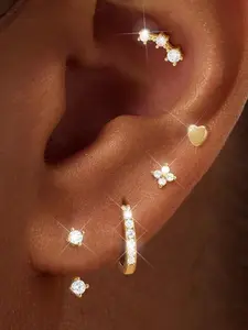 5Pcs Cartilage Earring Set for Women Stainless Steel CZ Heart Flower Motifs Stud Earrings & Huggie Hoop Earrings, Hypoallergenic Helix Tragus Piercing Jewelry for Multiple Ear Piercings, Ear Accessories