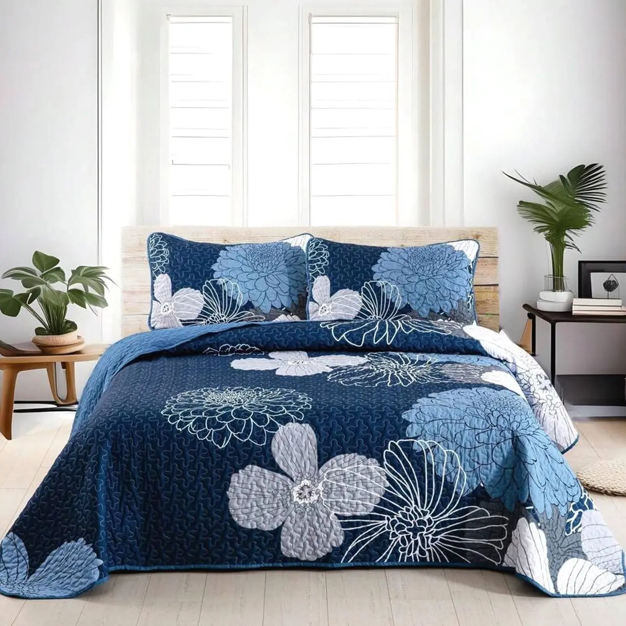 3PCS Floral Quilt Set, Lightweight Microfiber Bedspread, Soft Flower Coverlet with Pillowcases, All Season Bedroom Decor Gift