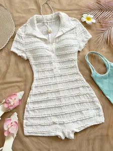 A short romper with a lapel collar, half-placket and ruffle trim, perfect for vacations, daily outings, dates and beach wear.