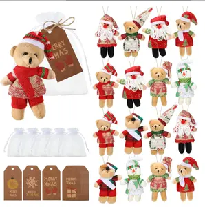 HyDren 48 Pcs Christmas Small Bear Gifts 16 Sets 5.1 Inch Mini Stuffed Plush Bears Doll Xmas Tags with Organza Bags for Christmas Party Favors Xmas Tree Ornaments Decorations Stocking Fillers