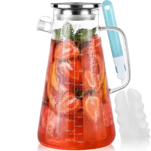 Glass Pitcher with Lid, 68 oz Leak Proof Hot/Cold Water Pitcher, Lemonade, Juice, Coffee, Sun Tea and Iced Tea Pitcher for Drinks, Borosilicate Beverage Carafe Jug