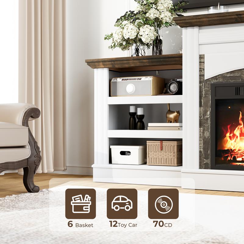 72‘’ Electric Fireplace with Mantel, Fireplace TV Stand for TVs Up to 80 Inch, Modern White Entertainment Center with Storage, with 23'' Fireplace Insert Heater for Living Room, Bedroom