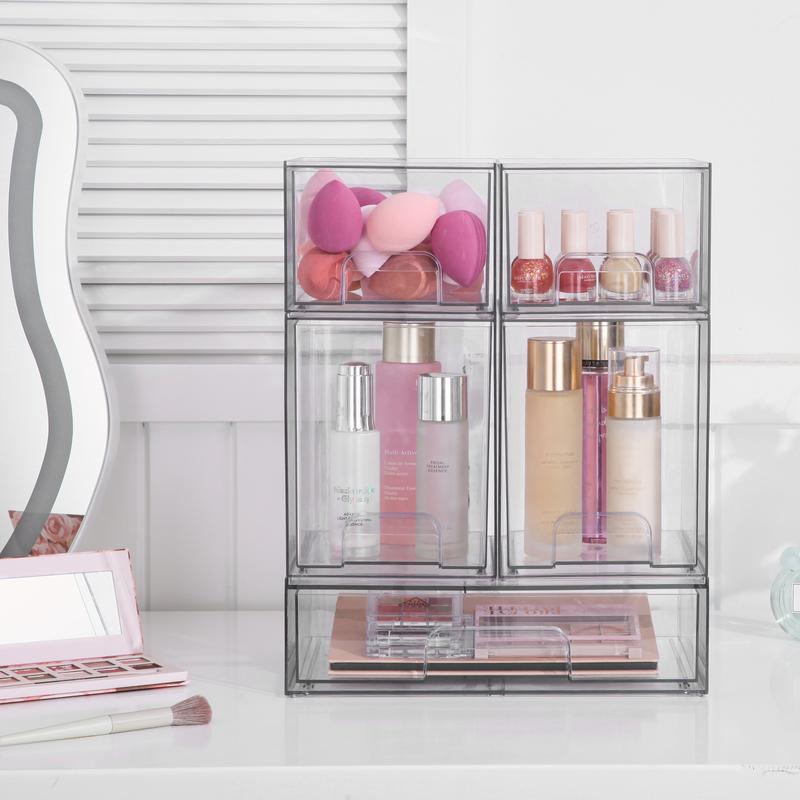 Vtopmart Stackable Storage Drawers Set of 5/8 Clear Plastic Organizer Bins for Nursery Bottle Station and Beauty Supplies Vanity Bathroom Cabinet Pantry Organization Multi-Size Flexible Design BPA-Free Safe New Year Gift