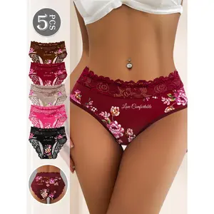 QUASTI Women's 5-Pack Mid-Waisted Polyester Floral Lace Bikini Briefs - 5 Mix Colors, Soft Comfy Panty, Skin-Friendly, Breathable, Leg-Flattering, Everyday Delicate Fit Basic Underwear for Ladies, S-XXL
