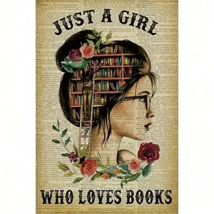 Vintage Book Lover Aluminum Sign Just A Girl Who Loves Books Retro Wall Art Rustic Home Decor for Living Room Kitchen Rustic Farmhouse Design