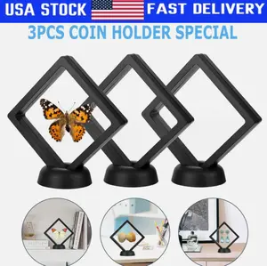 3 Pack Black 3D Floating Coin Display Frame Holder Box Case Black&Stand Φ2.2In