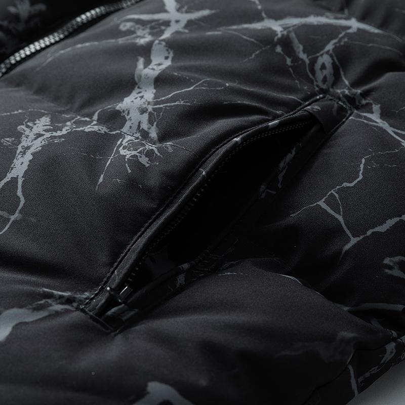 Men's Black Marble Print Stand Collar Puffer Jacket, Stylish Winter Warm Casual Down Coat