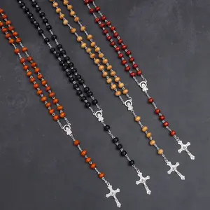 8mm Natural Wood Bead Necklace with Cross Pendant Faith Rosary Unisex Chain for Men and Women