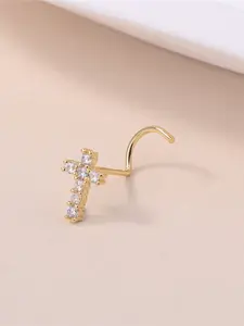 Gold Silver S-Curve Nose Ring with Zirconia Cross – Thin Gauge Hook Nostril Piercing Jewelry, Hypoallergenic Tragus Stud for Women Men, Cross Cartilage Ring for Helix, Ideal Gift for Labor Day Halloween Thanksgiving Christmas