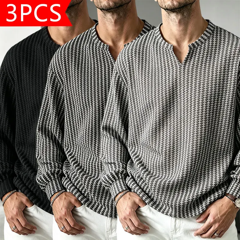 Men's small V-neck jacquard knit pullover top with a fishbone texture, long sleeves, retro loose fit, dropped shoulders, and lantern sleeves.