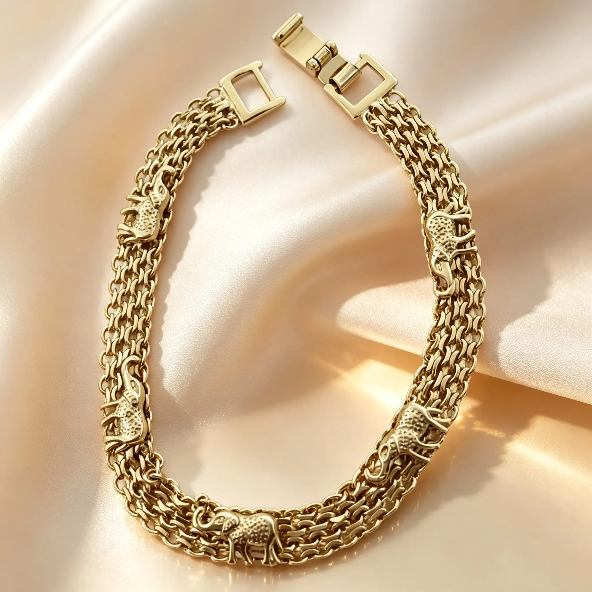 Gold Plated Multi Strand Chain Lucky Elephant Bracelet For Women, Textured Embossed Elephant Charm Wrist Jewelry, Tarnish Resistant Stackable Wrist Accessory For Daily Layering Boho Outfit Styling Sentimental Birthday Holiday Friendship Gifting