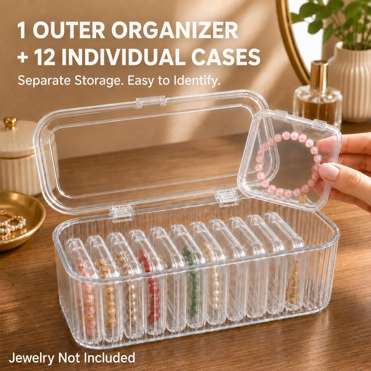 Women's Rectangle Jewelry Organizer Set - 1 Outer Transparent Plastic Box (9.84x4.29x3.62in, with lid), 12 Small Cases (3.35x3.35x0.71in), Compact, Dustproof, Anti-Oxidation, Portable Storage for Earrings, Rings, Necklaces