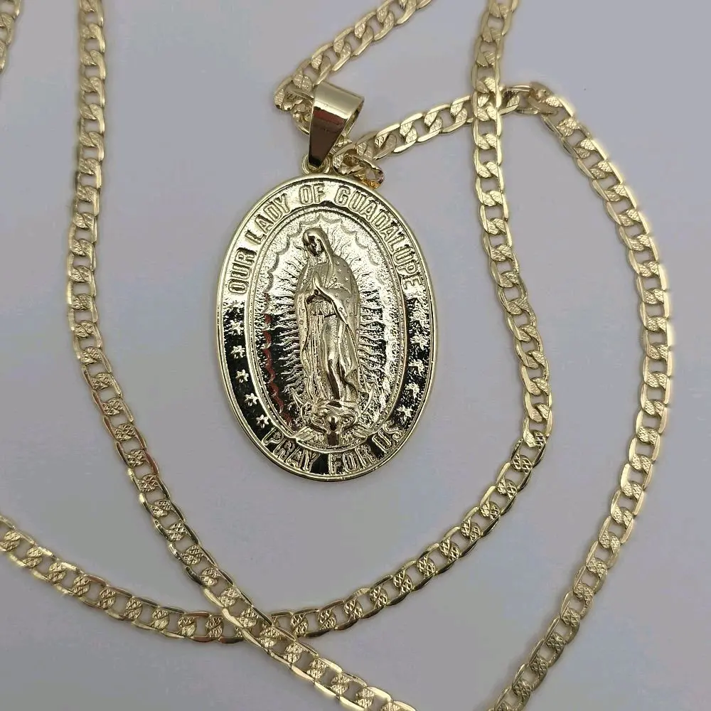 VIRGIN OF GUADALUPE Cuban link style necklace gold-plated 24"inches religious design
