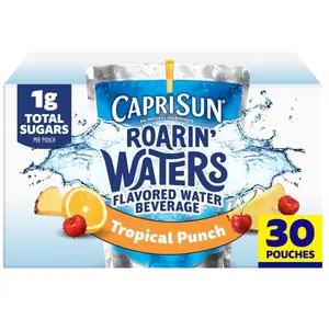 Capri Sun Roarin' Waters Flavored Water Beverage, 30 Pouches, for School Lunches and On-the-Go Hydration, Tropical Punch Natural Flavor with Other Natural Flavor, All Natural Ingredients, 6 oz