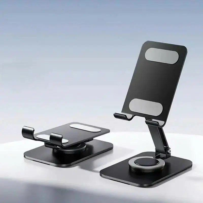 Heavy-Duty Metal Phone & iPad Stand – Foldable 360° Rotating Holder with Adjustable Height for Desk