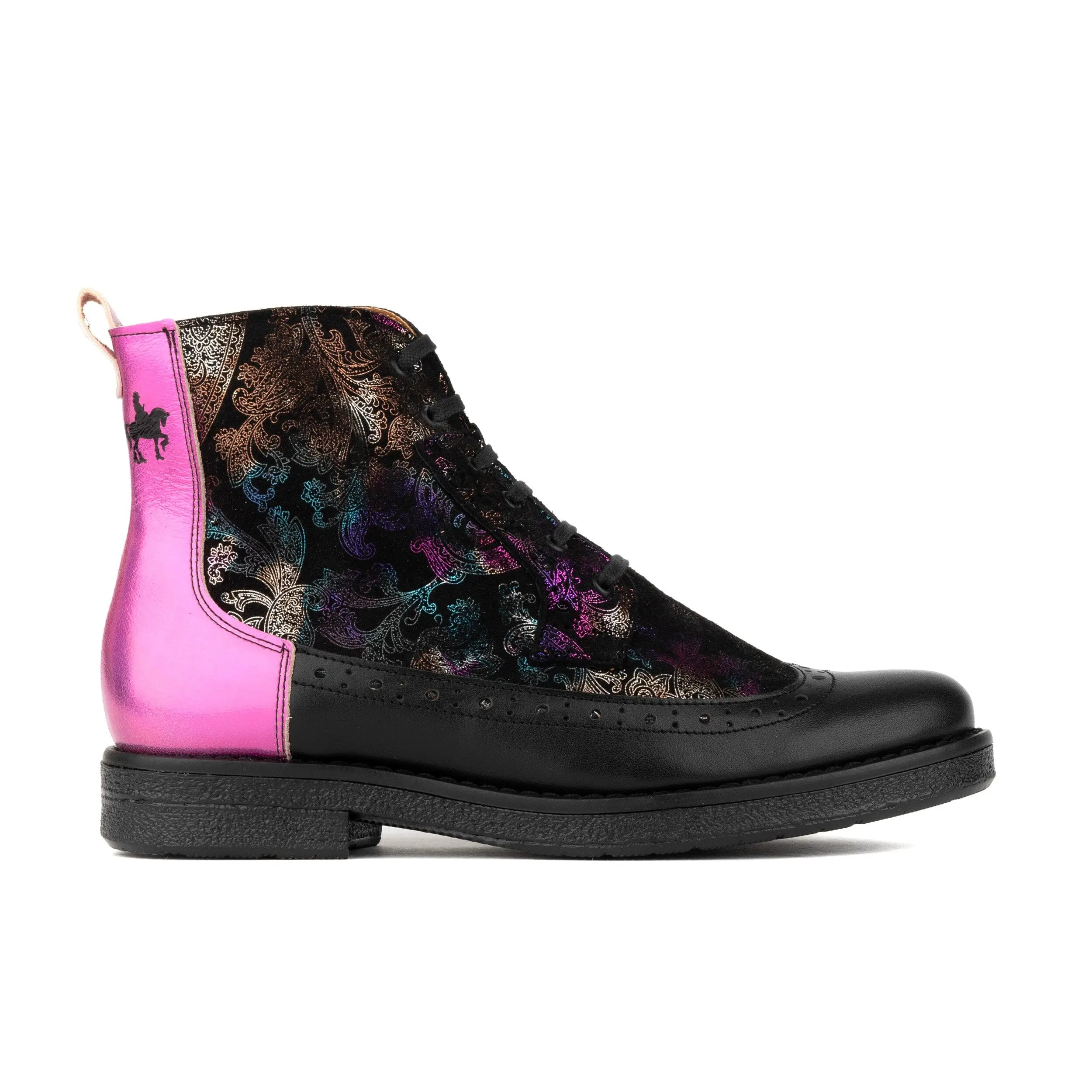 Hatter Dark Winter Foil & Pink Women's Designer Ankle Boots with Colorblock Pattern Round Toe Leather Booties