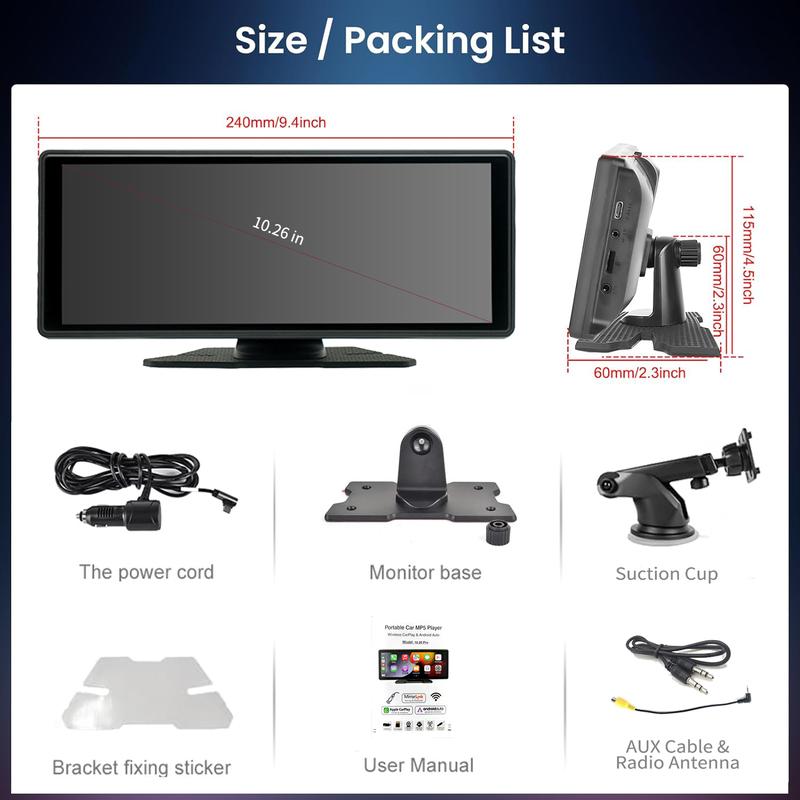 2025 10.3-inch Portable Carplay Screen for Car Compatible with Apple CarPlay and Android Auto,Wireless Car Play Unit with GPS Navigation,Bluetooth,Mirror Link, Rear Cam Touch Screen for All Vehicles