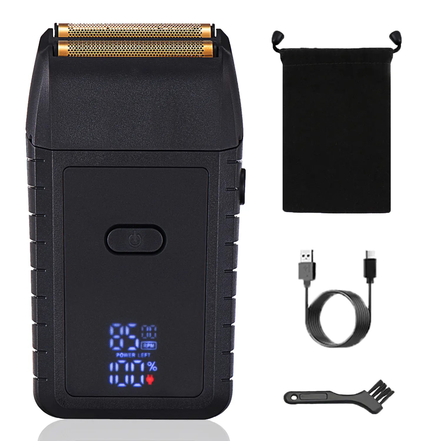 Electric shaver — dual blades, curved blade mesh, USB charging, powerful motor, long battery life, LCD display, can shave bald heads.