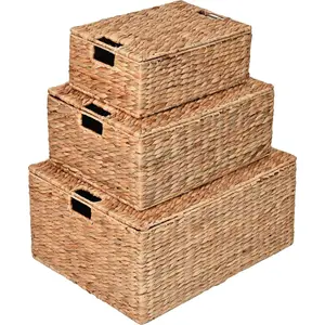 BSK2006A-3SET Brooks Classic Farmhouse Woven Hyacinth Rectangular Wicker Baskets with Lids and Handles, Natural (Set of 3), Seagrass Containers for Decoration in Living Room, Bedroom