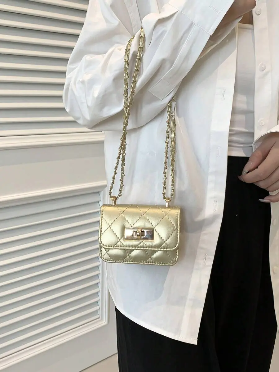 Mini Square Bag Women Handbag Diamond Pattern Stitching Shoulder Bag Woven Chain Bag Flip Small Bag Cute Diagonal Cross-Body Bag
