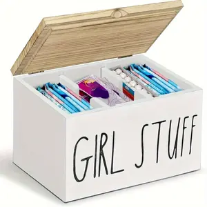 A Modern Style Wooden Bathroom Storage Box with Lid, Suitable for Girls' Supplies, Hygiene Product Organizer, with Removable Dividers - Multifunctional 3-Compartment Accessory Box, Suitable for Girls' Supplies, Decorative Box