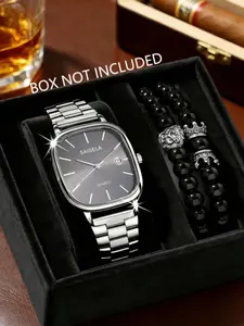 Elegant Analog Watch Face, Practical Date Display, Beaded Bracelet, Lion & Crown Charms, Perfect Gift for Father's Day