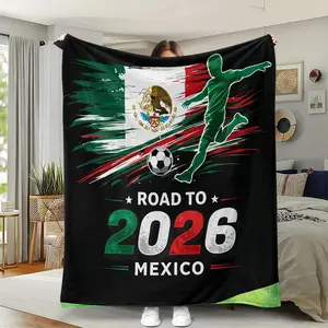 1pc World Cup Mexico Journey Flannel Blanket, Mexican Flag & Dynamic Football Silhouette, Soft Breathable