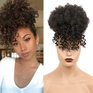 Short Kinky Curly Afro Puff Hairpiece with Bangs | Fluffy Drawstring Ponytail | Synthetic Voluminous Curly Bun Extension