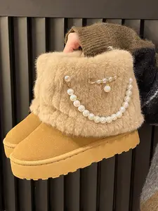 Women's Round Toe Flat Shoes, Warm Fleece Lined Microfiber Leather, Casual Thick Sole Anti-Slip Short Boots, Beaded Design, Winter Shoes