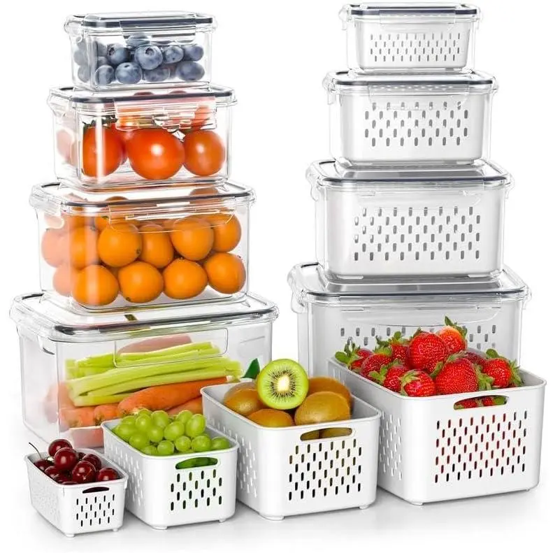 Fruit and Vegetable Organizer, Double DrainerFruit & Vegetable Storage Box,,Kitchen Accessories Storage Organizer (transparent 4 pcs)