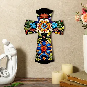 Hand-Painted Mexican Wooden Cross Wall Decor, Vibrant Floral & Geometric Patterns, Eco-Friendly Recycled Wood, Home Church Easter Gift