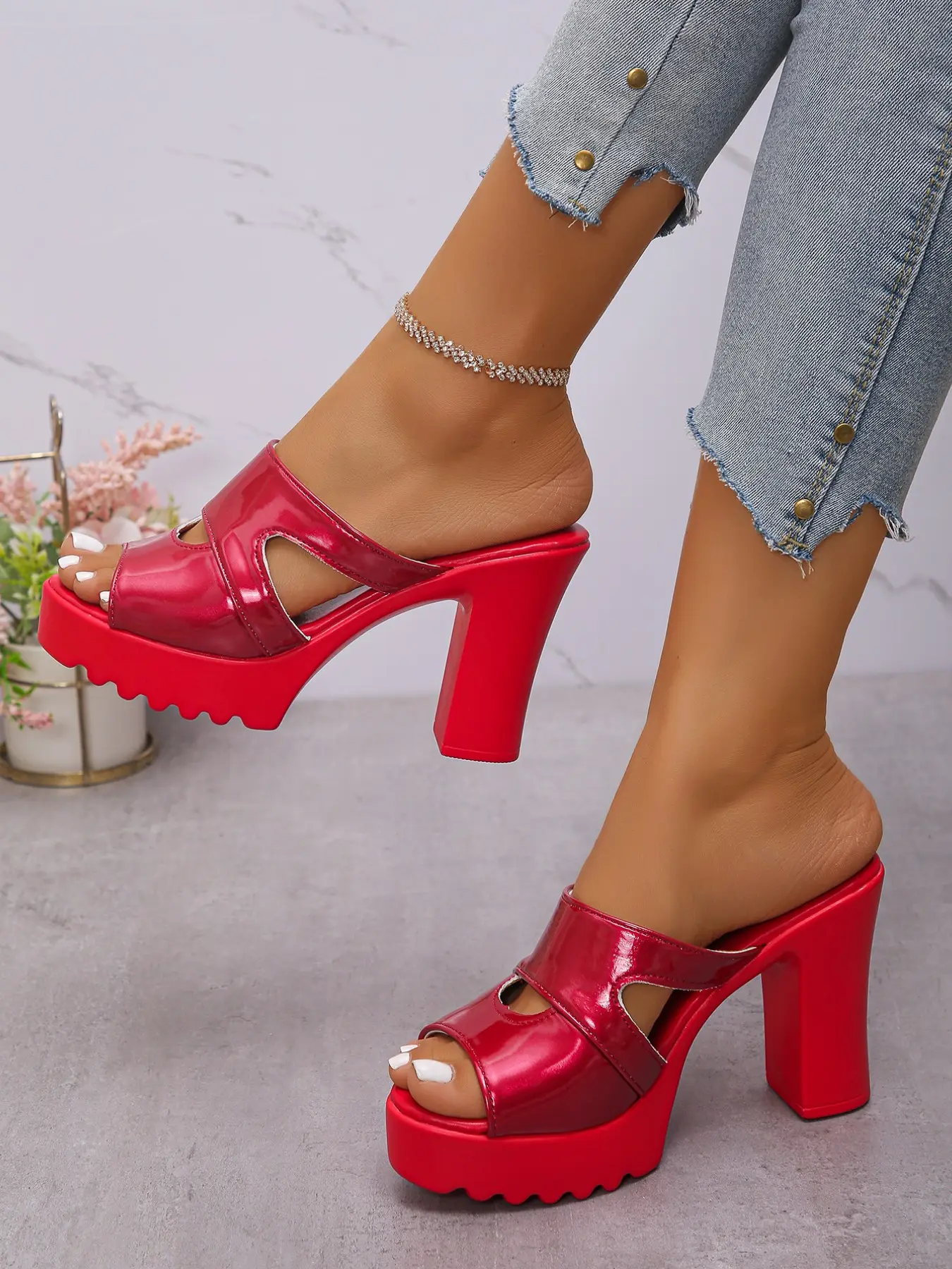 Women's PU Leather Hollow Out High Heel Half Slipper, Anti-Slip Thick Sole, Elevate Your Height and Slim Look, Party and Date Cool Slippers