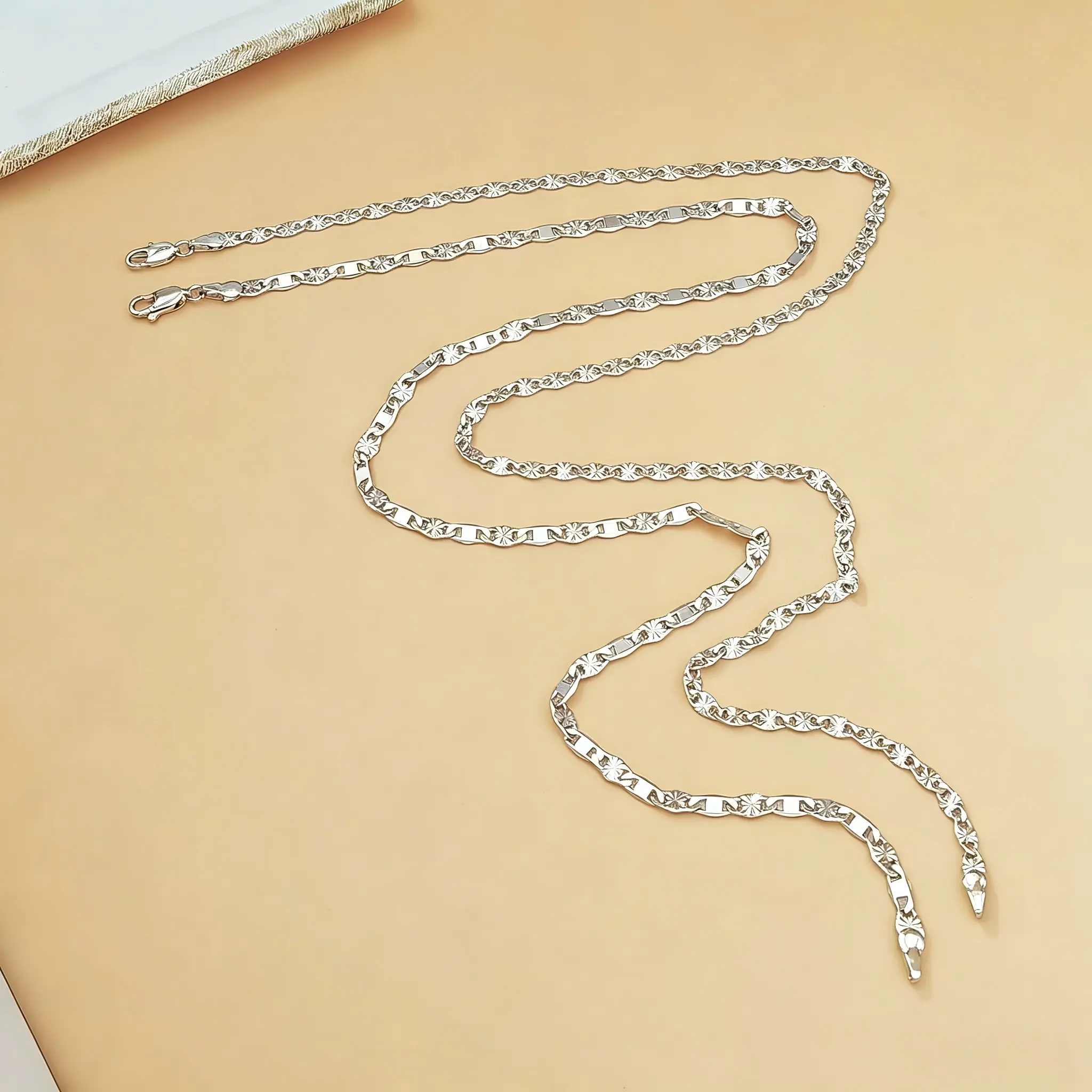 Women's Stainless Steel Silver Sunburst Chain Necklace, 23.6in (60cm) Textured Star Link Flat Dainty Shiny Waterproof Fashion Jewelry, Simple Layering Daily Wear Accessory