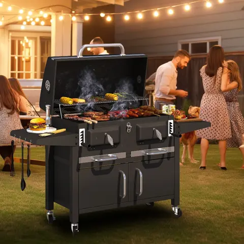 Charcoal Barbecue Grill with Foldable Side Tables, Adjustable Charcoal Trays & Large 860 sq.in Cooking Area, Heavy-Duty Steel Grill for Outdoor Kitchen, Black