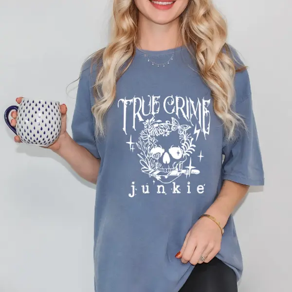 True Crime Junkie Tshirt, Unisex, Murder Shows, Skull, Dagger, Gift Top Womenswear Graphic Love Statement T-Shirt Tee Lady Streetwear Crewneck