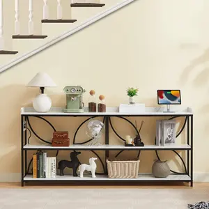 70.9'' Sofa Tables, 3-tier Console Table with USB Charging Ports & Outlets & Metal Frame, Industrial Storage Shelves for Hallway Living Room Entryway Foyer Behind Couch TV Stands (Marble White)