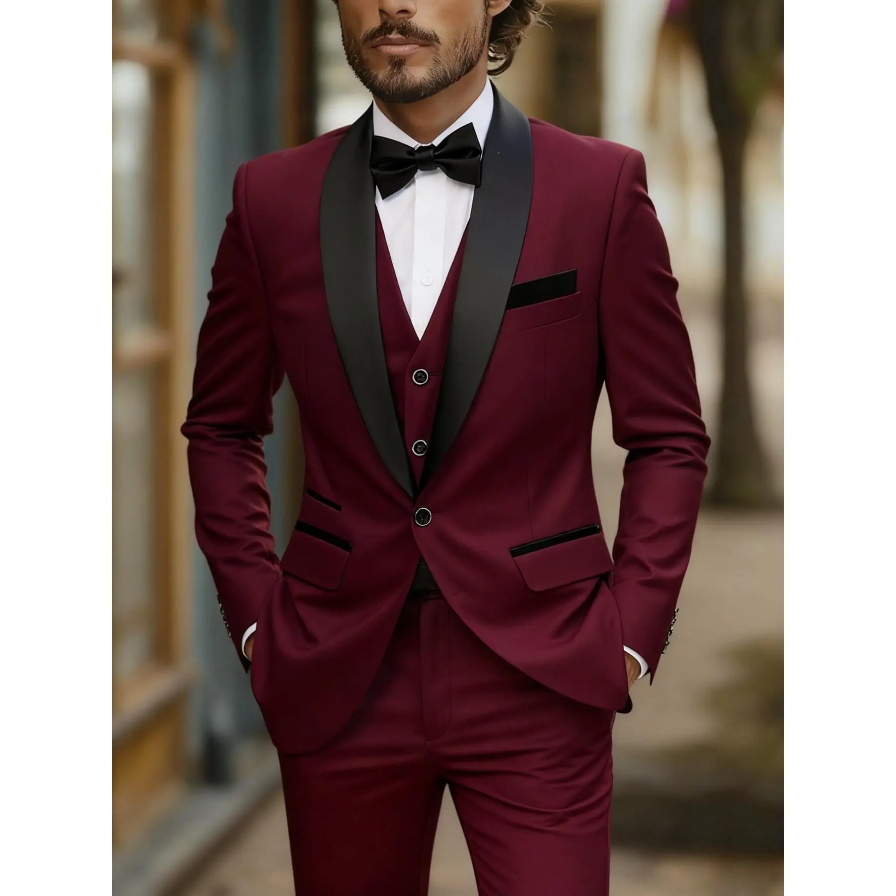 Men's 3-Piece Slim Fit Tuxedo, Formal Suit Set with Shawl Collar for Wedding, Groomsmen, Watch Party, Sizes S, M, L, Body-Fit Men's Suits